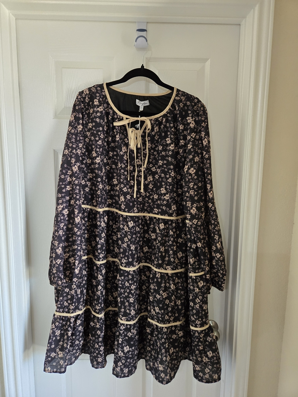 Polagram Black Floral Tiered Midi Dress with Cream Accents